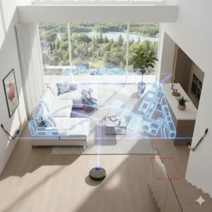 Illustration of high-end robot vacuum using LiDAR technology to map a multi-room Canadian home layout for efficient cleaning.