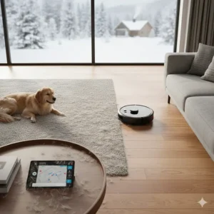 A Roborock vacuum effectively picking up pet hair from a low-pile area rug in a Canadian living room.