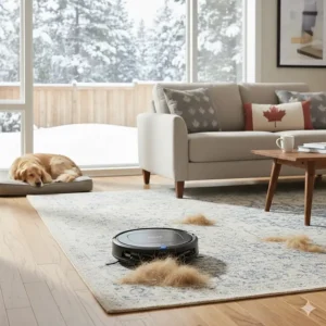 A robot vacuum efficiently picking up golden retriever hair from a thick area rug in a cozy home setting.