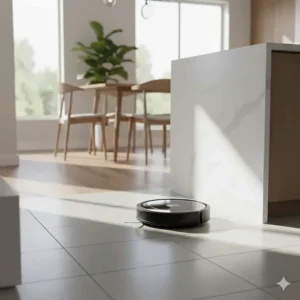 Slim robot vacuum under $300 CAD navigating between a kitchen island and hardwood flooring in a Canadian home.