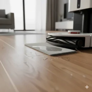 A cross-section illustration showing the mopping pad of a robot vacuum safely cleaning Canadian oak hardwood flooring.