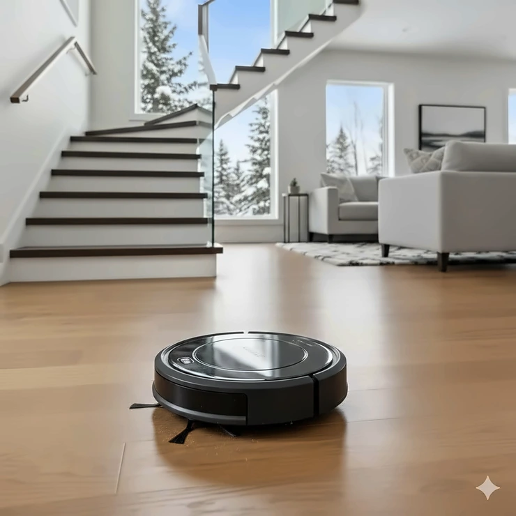 A modern robot vacuum cleaning a multi-level Canadian home with hardwood floors and a view of a staircase, symbolizing efficient whole-home cleaning. robot vacuum for multi level homes