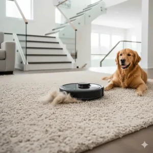 A robot vacuum cleaning pet hair off a rug in a multi-level home, featuring a Golden Retriever nearby.
