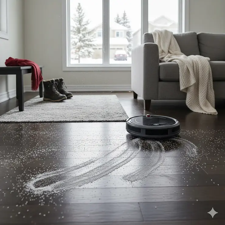 A high-performance robot vacuum cleaning white winter salt stains off a dark hardwood floor in a Canadian home. robot vacuum for winter salt