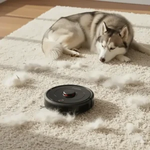 Illustration of a Roomba efficiently picking up thick pet fur from a Husky on a plush area rug.