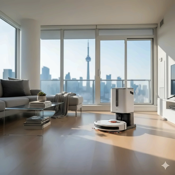 A premium self-cleaning mop robot vacuum cleaning a light oak hardwood floor in a bright, modern Toronto condo with a CN Tower view in the background.