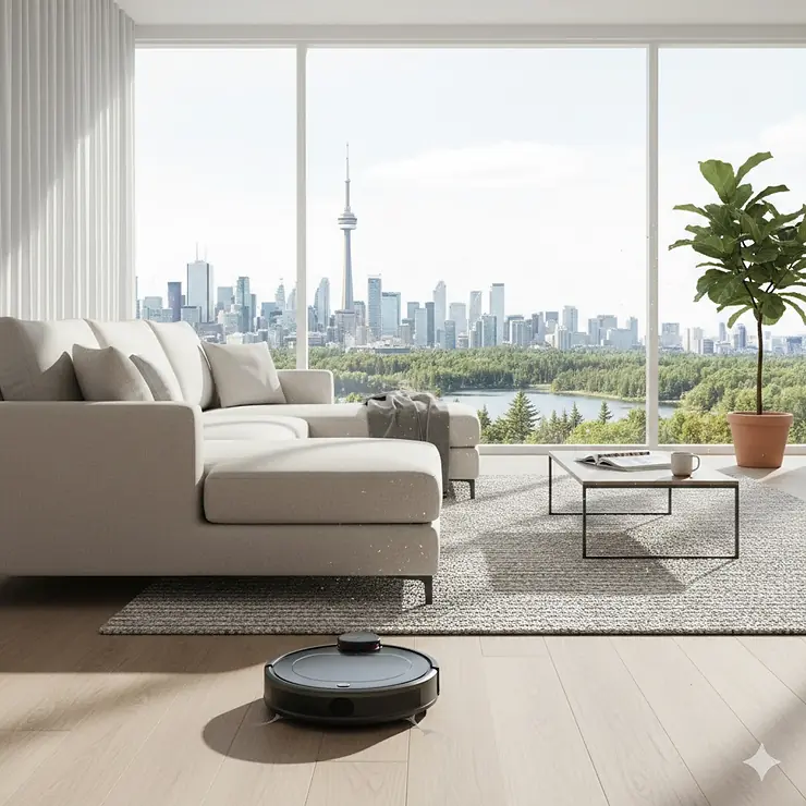 A high-end robot vacuum cleaning a modern hardwood floor in a bright Canadian living room with minimalist decor.