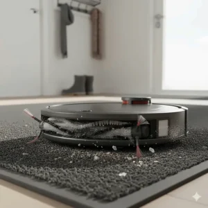 Close-up illustration of high-end robot vacuum brushes removing pet hair and salt debris from a durable entryway rug.