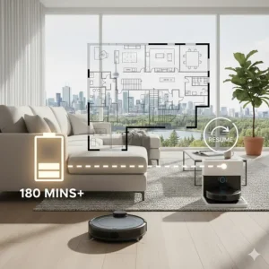 Graphic showing the extended battery life and auto-resume feature of a high-end robot vacuum for large Canadian floor plans.