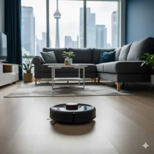 A sleek Roomba navigating a compact downtown Toronto condo layout to maximize small living spaces.