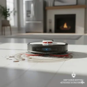 Close-up illustration of dual-spinning pressurized mops on a robot vacuum designed for stubborn kitchen spills.