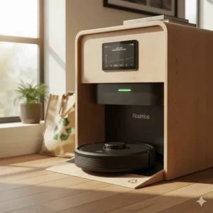 An illustration highlighting the energy-efficient charging station of a Roomba in a sustainable Canadian household.