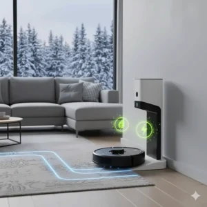 A mapping robot vacuum returning to its dock, highlighting energy efficiency for the eco-conscious Canadian.