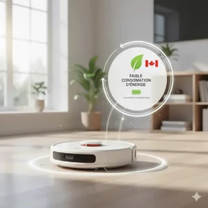 An illustration highlighting the low energy consumption of a robot vacuum, relevant for eco-conscious Canadians.