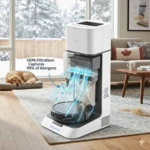 Diagram of a self-emptying robot vacuum with HEPA filtration trapping 99% of pollen and dust for cleaner indoor air.