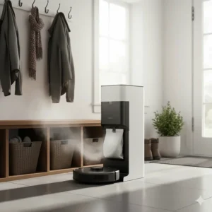 A premium self-emptying base station for a high-end robot vacuum situated in a contemporary Canadian mudroom.