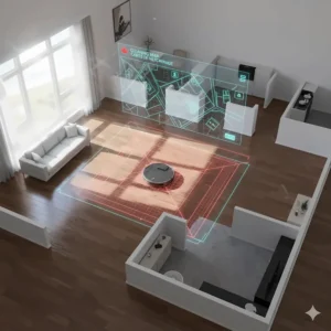 Illustration of LiDAR sensors mapping a multi-room Canadian home layout with hardwood flooring.