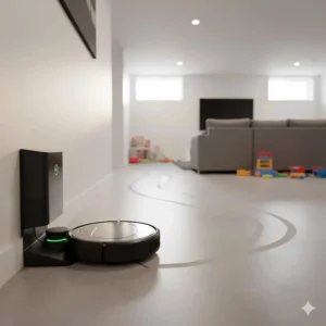 Illustration of a robot vacuum returning to its charging dock after cleaning a spacious suburban Canadian basement.