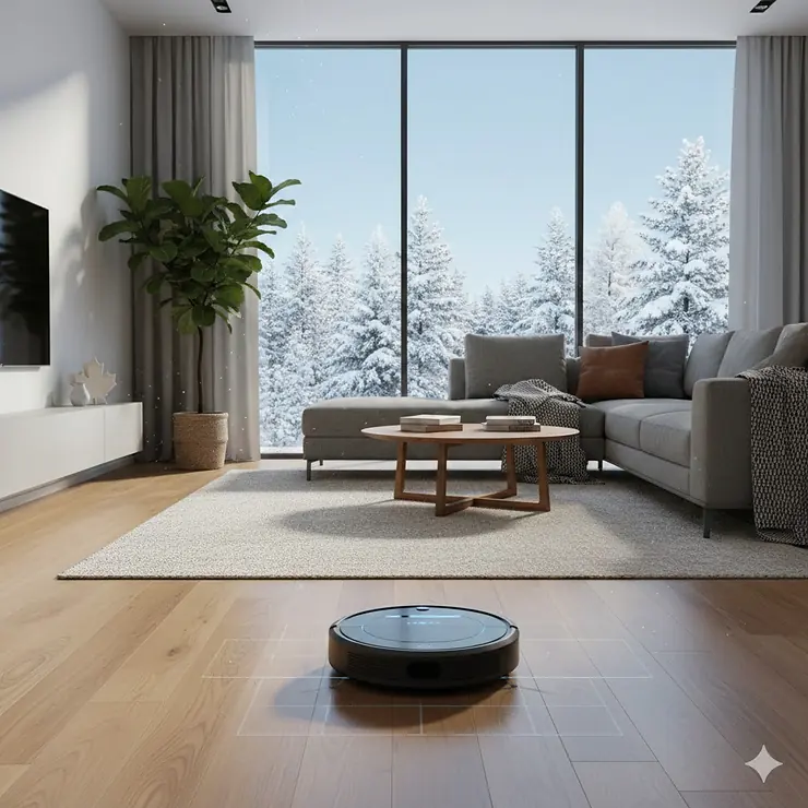 A high-tech mapping robot vacuum cleaning a modern hardwood floor in a Canadian living room during winter.