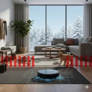 Illustration showing No-Go Zones mapped out around a dog’s water bowl and winter boot rack.