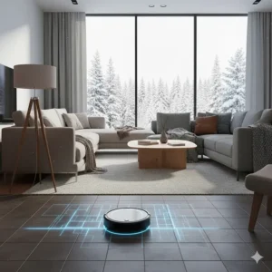A robot vacuum transitioning seamlessly from maple hardwood to ceramic tile in a kitchen.