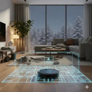 A robot vacuum with infrared mapping technology cleaning during a dark Canadian winter afternoon.