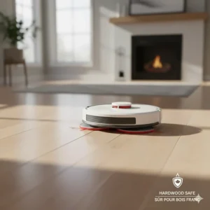 Illustration of a self-cleaning mop robot vacuum gently scrubbing maple hardwood floors without over-wetting.