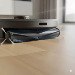 Close-up of soft rubber brushes on a robot vacuum designed to prevent scratches on hardwood.