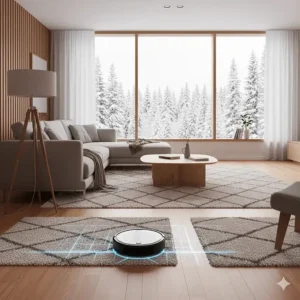 A robot vacuum using smart mapping to navigate around minimalist furniture and Canadian rugs.