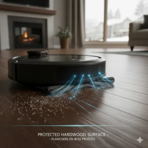 An illustration showing how a robot vacuum prevents salt crystals from scratching expensive Canadian maple hardwood.