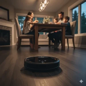 A quiet robot vacuum cleaning under a kitchen table while a family has dinner in a suburban Canadian home.