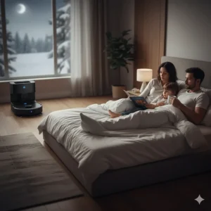 A robot vacuum operating quietly in the background while a family relaxes, highlighting low decibel cleaning.