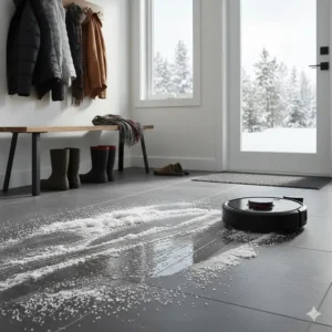 A Roborock vacuum removing dried salt stains and winter debris from a mudroom entryway in a Canadian household.