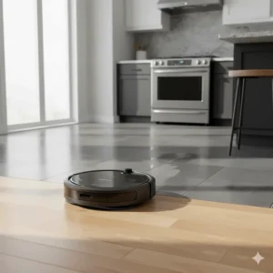 Top-rated Roborock model Canada performing deep suction on maple hardwood and scrubbing porcelain kitchen tiles.