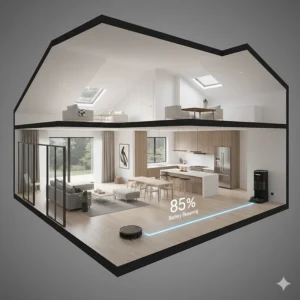 Illustration showing a Roborock model Canada covering a large floor plan on a single charge.