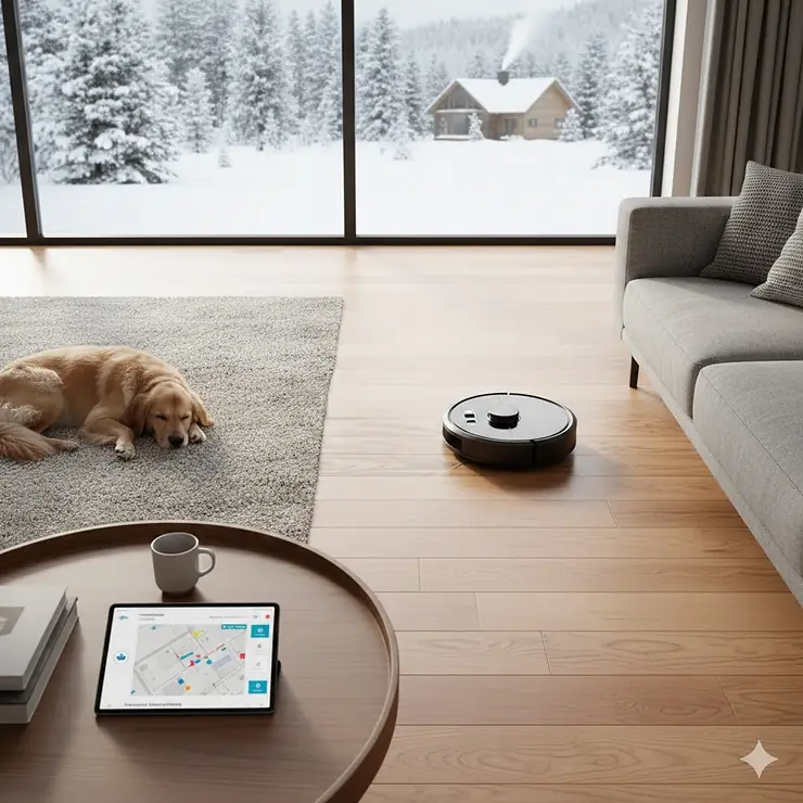 A Roborock model Canada edition cleaning a modern open-concept living room with hardwood floors and a view of a snowy garden through the window.