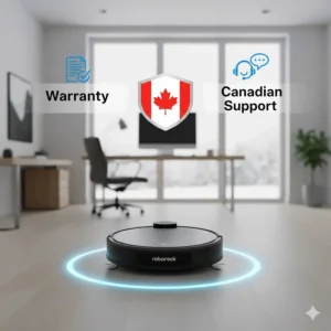 Graphic showing a Roborock model Canada with a Canadian flag icon representing local warranty and customer support.