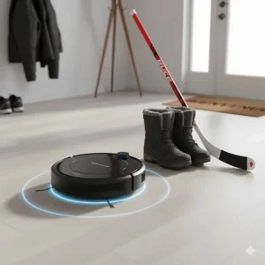 Smart robot vacuum using LIDAR to navigate around a pair of winter boots and a hockey stick in a hallway.