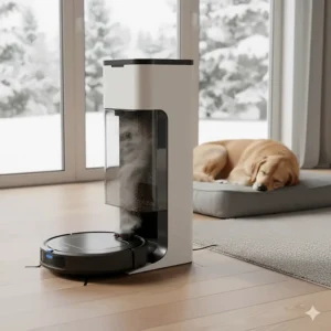 Illustration of a self-emptying robot vacuum returning to its clean base to automatically dispose of dust and debris.