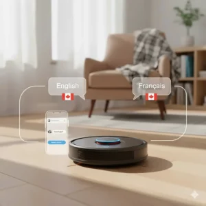 An icon representing English and French (EN/FR) bilingual voice control and customer support for a Canadian robot vacuum for pet hair.
