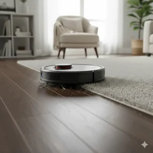 Top-rated robot vacuum transitioning from dark laminate flooring to a high-pile area rug.