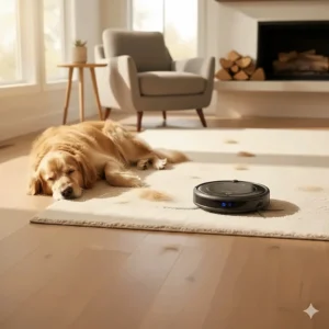 A robot vacuum efficiently removing golden retriever hair from a rug in a Canadian home.