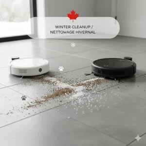 Roomba vs Roborock Canada test for pet hair removal and winter road salt cleanup on entryway tiles.