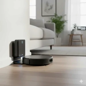 A compact robot vacuum under $300 CAD returning to its charging dock after a 100-minute cleaning session.