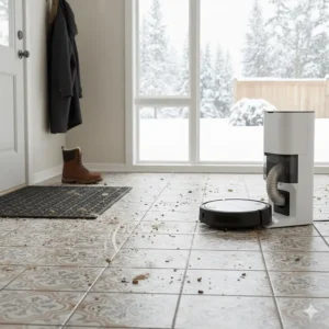 Illustration of a robot vacuum cleaning dried salt and dirt from a tiled Canadian entryway or mudroom.