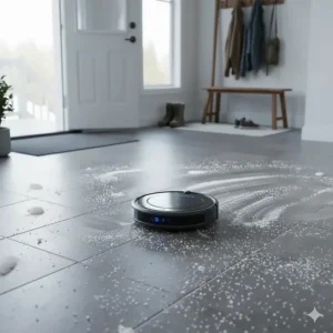 An automated vacuum cleaner scrubbing dried road salt and debris from a tiled Canadian entryway.