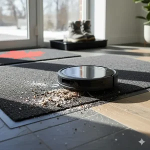 Robot vacuum under $300 CAD picking up dried mud and winter road salt tracked into a Canadian entryway.