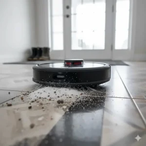 Illustration of a powerful robot vacuum suctioning dried road salt and debris from a Canadian entryway tile floor.