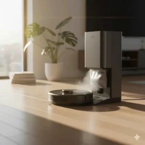 Self-emptying robot vacuum returning to its charging dock on a smooth hardwood surface.