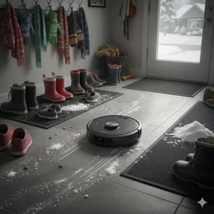 A robot vacuum navigating around winter boots and dried salt patches in a Canadian mudroom.